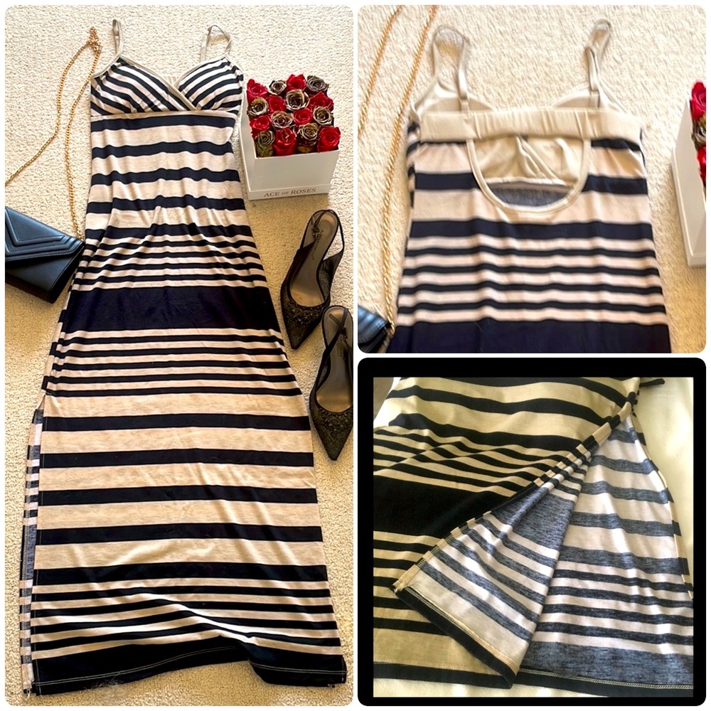 Razzle Dazzle Blue Striped Cut Out Slit Maxi Dress S - Picture 13 of 16